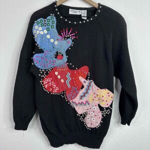 VTG Bonnie Boerer Sweater M Black Embellished 80s Art Abstract Retro Maximalist